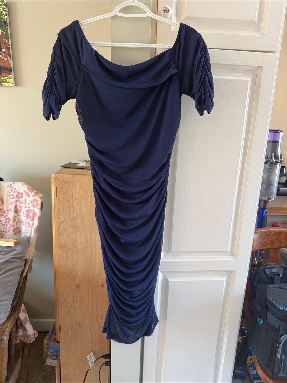 VENUS Navy Ruched Off-Shoulder Midi Dress